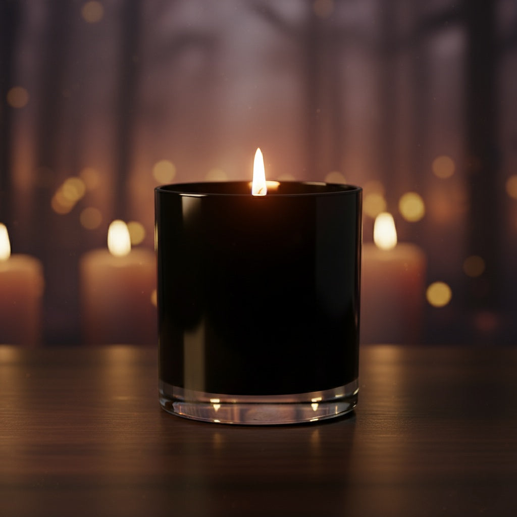 Black candle with a lit wick on a wooden surface with blurred candles in the background