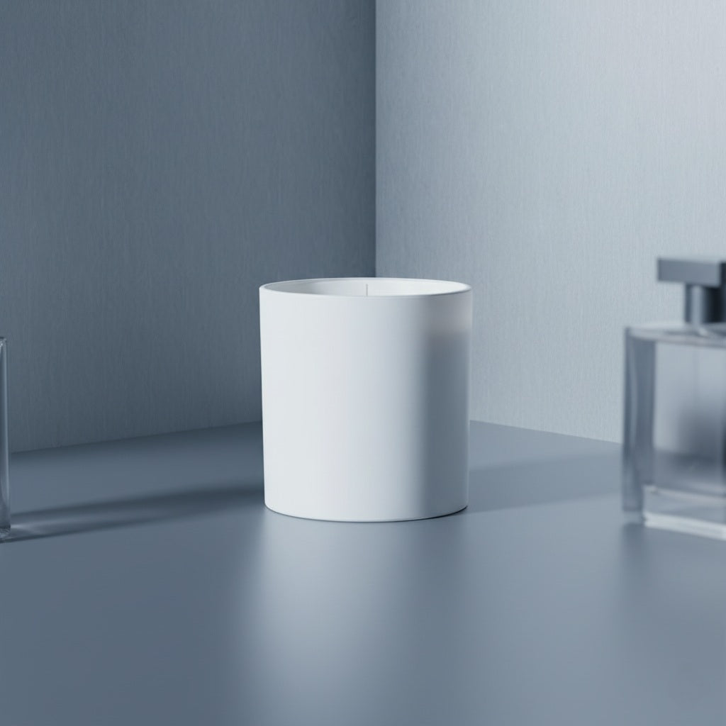 White cylindrical container on a reflective surface with a gray background