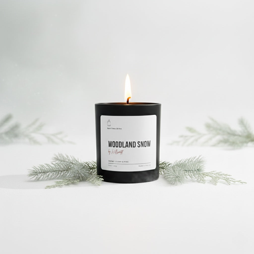 Candle labeled 'Woodland Snow' with a white background and greenery.