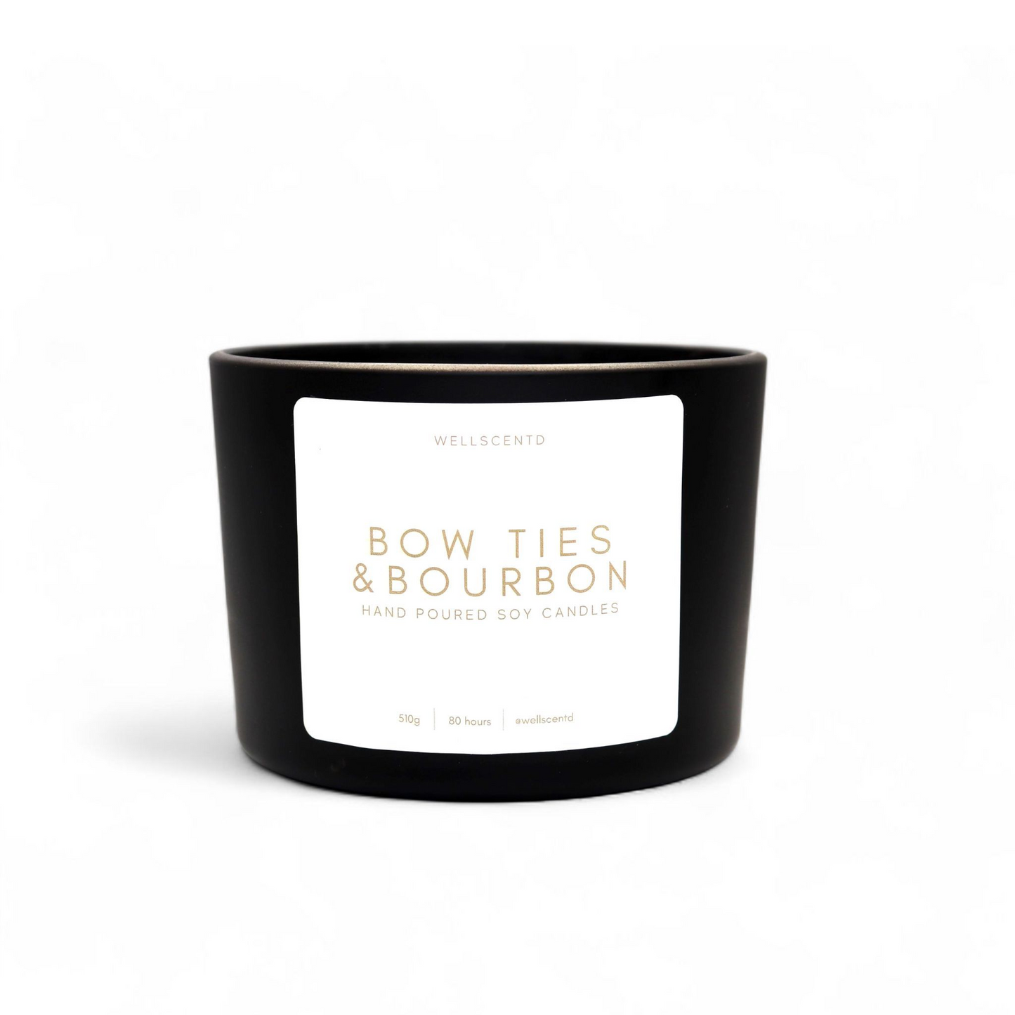 Wellscentd Bow Ties & Bourbon scented candle – 18oz soy wax blend, clean masculine scent, black glass vessel with white label, product image on white background.