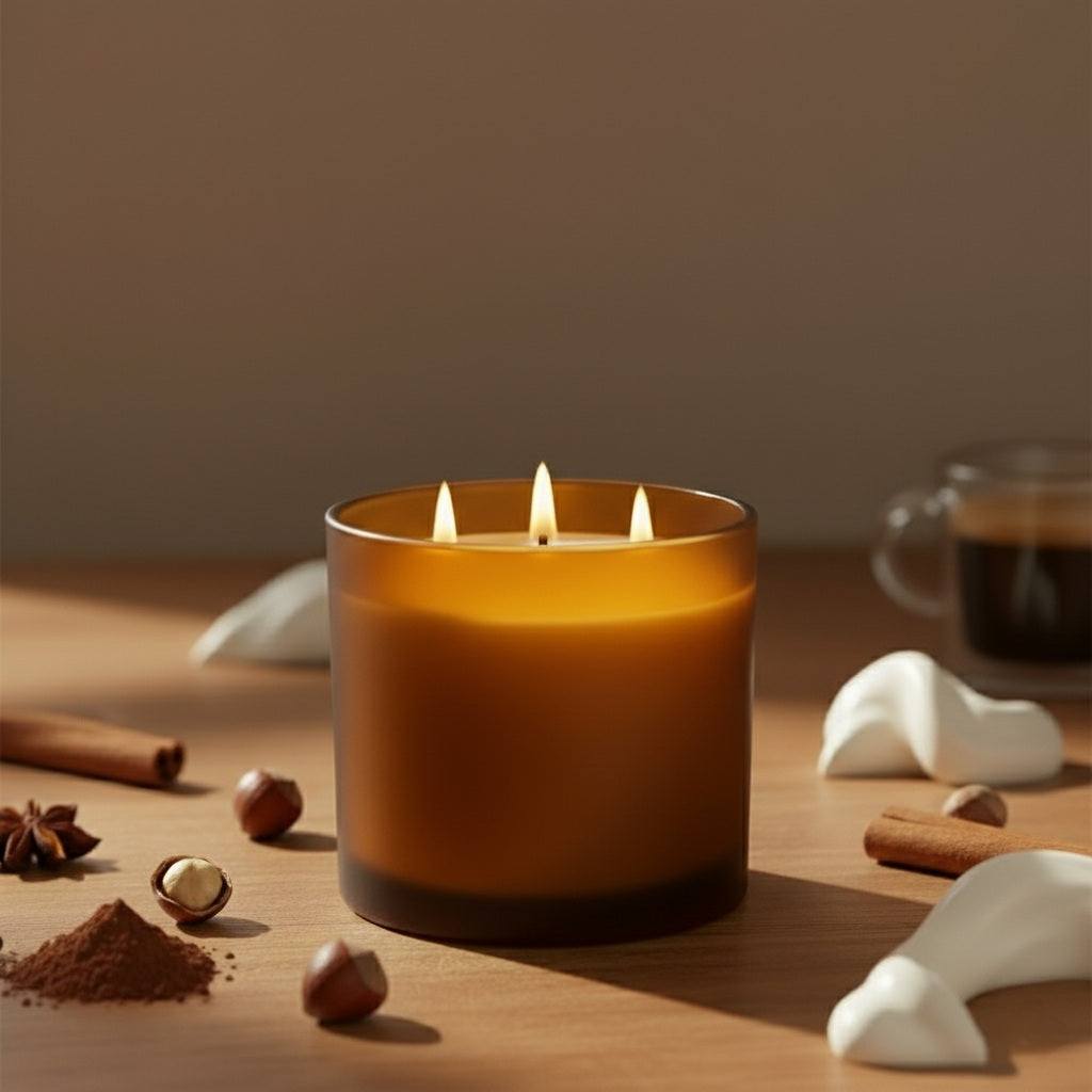 Three-wick hazelnut coffee scented candle in brown glass with hazelnuts and cinnamon sticks around