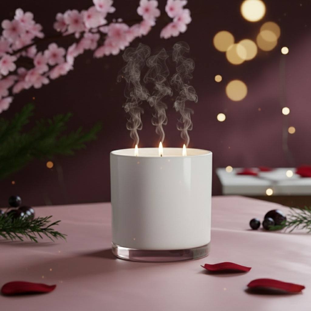 three-wick white Love Spell Candle with smoke, surrounded by rose petals and cherry blossoms for a romantic ambiance