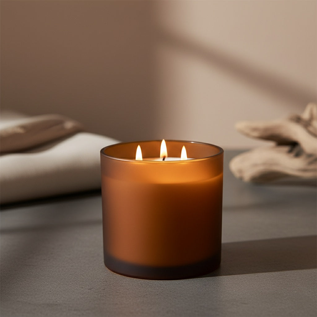 Candle in a glass container with a warm glow on a neutral background