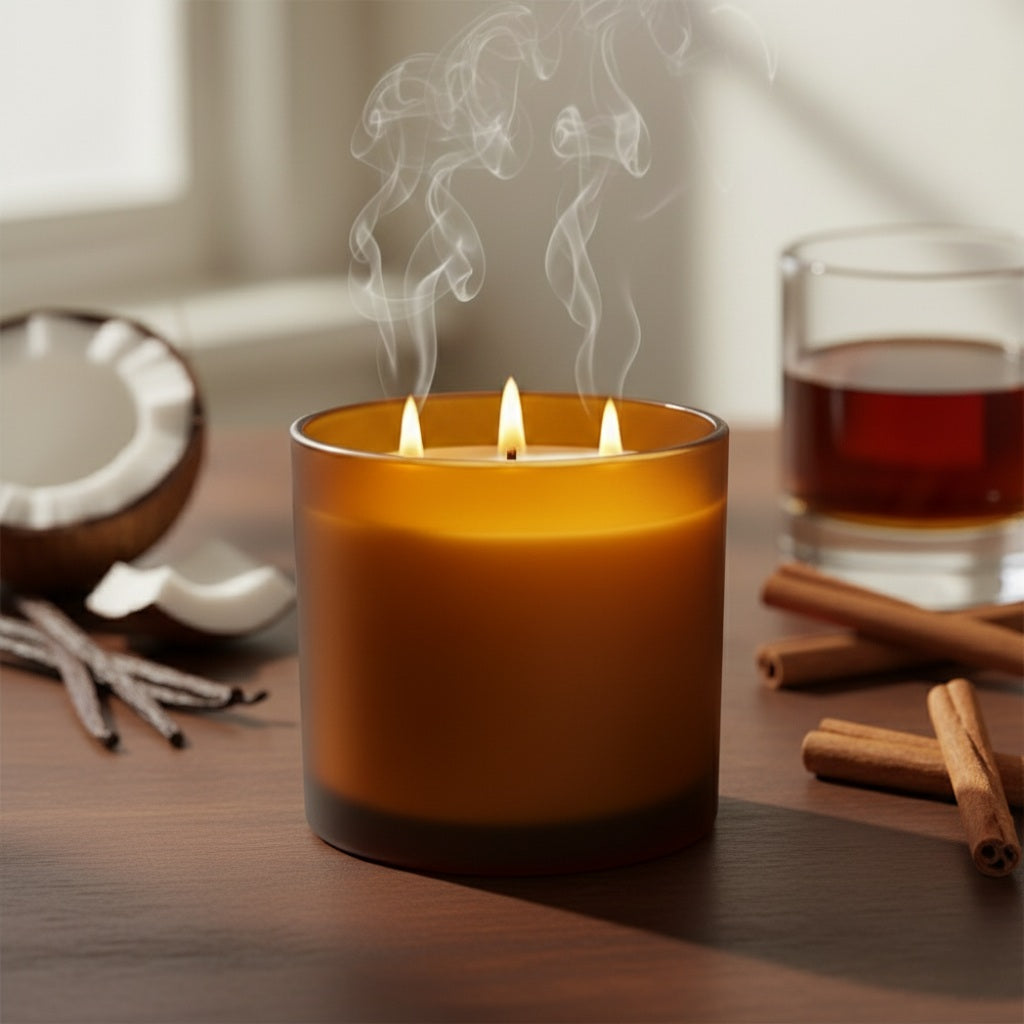 Candle with smoke, coconut, vanilla beans, and cinnamon sticks on a wooden surface.
