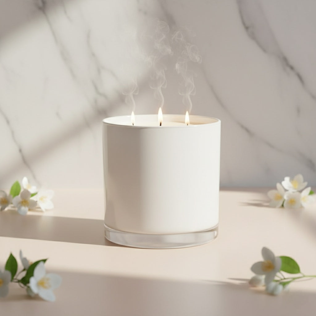 White glass Wellscentd Neroli & White Jasmine Candle glowing softly with scattered jasmine blooms and warm light.