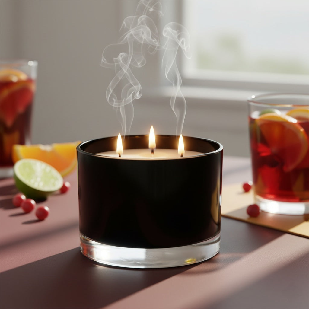 Black candle with three flames on a table with fruit and drinks in the background