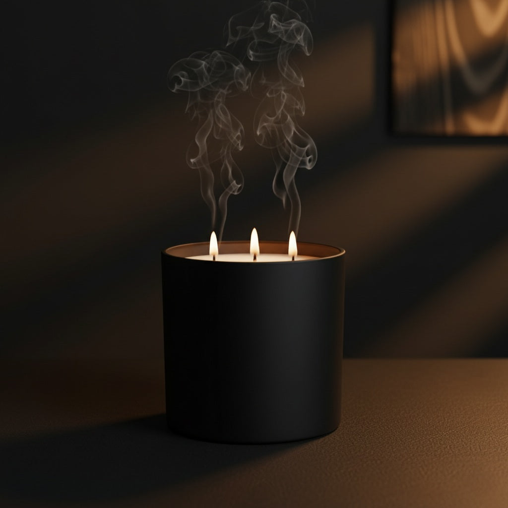 Black candle with three wicks emitting smoke against a dark background