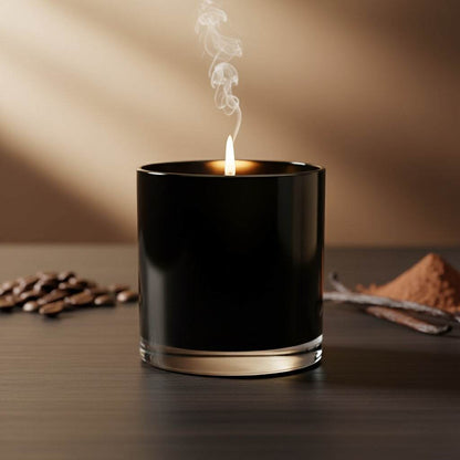Cappuccino Brûlée coffee scented candle in black glass with burning flame and coffee beans on table