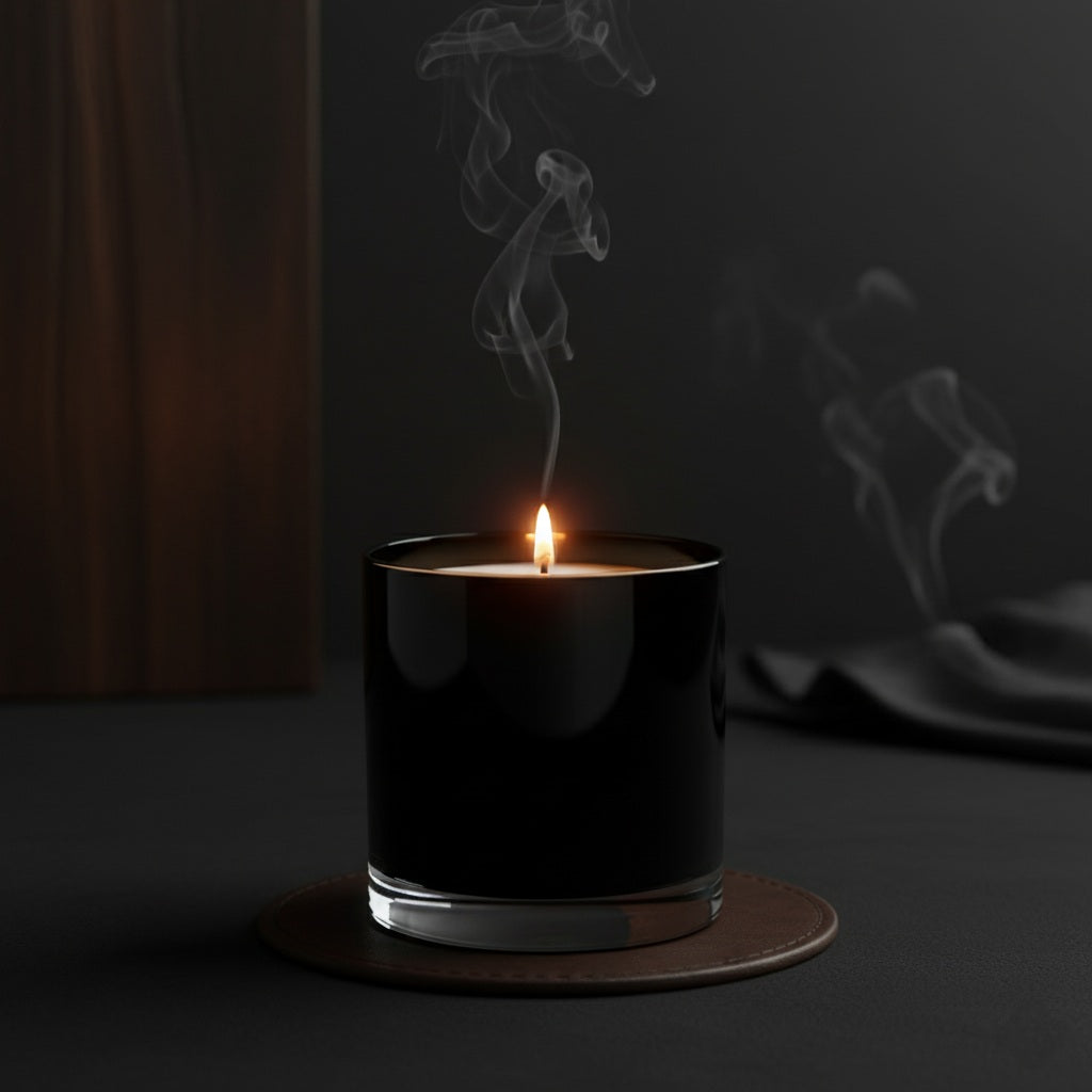 Black candle with smoke against a dark background