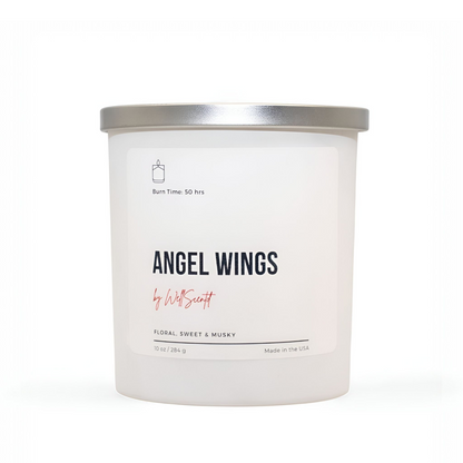 Wellscentd Angel Wings candle with silver lid – 10oz coconut soy wax, white floral and vanilla fragrance, elegant white jar, product photo on white background.