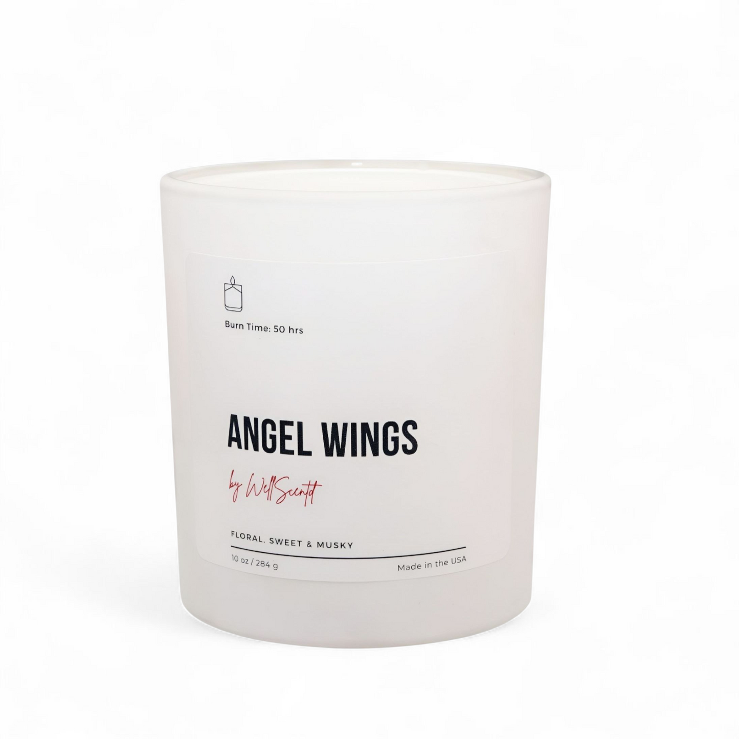 Wellscentd Angel Wings scented candle – 10oz coconut soy blend, romantic floral fragrance with soft musk and vanilla, minimalist white jar on white background.