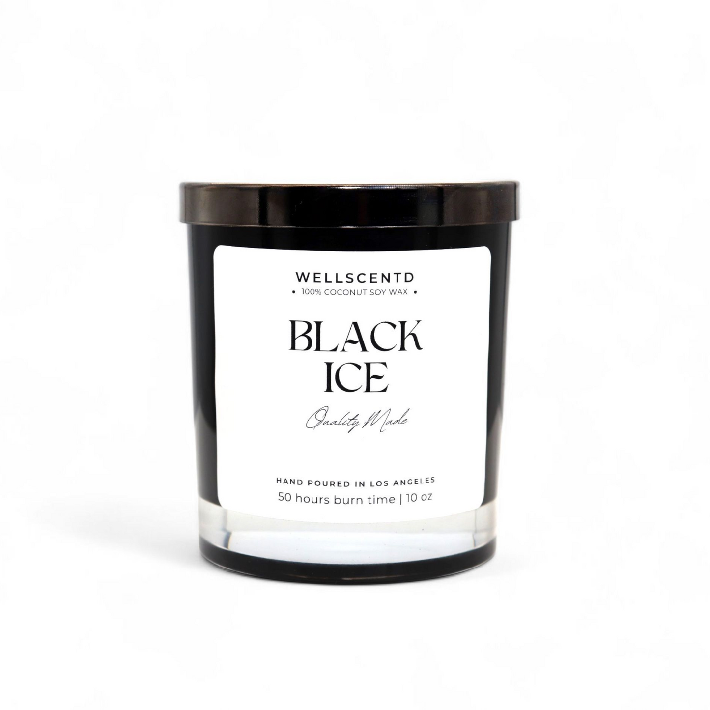 Wellscentd Black Ice candle on a white background