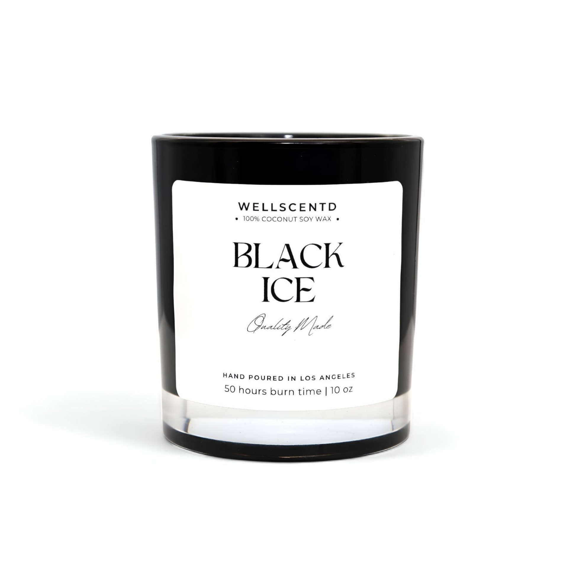 Wellscentd Black Ice candle on a white background