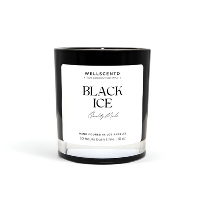 Wellscentd Black Ice candle on a white background