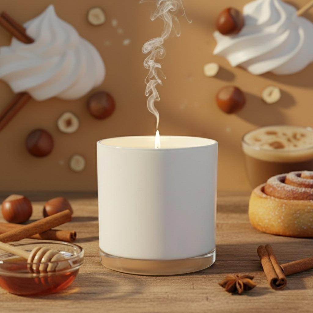White candle emitting smoke on wooden table with hazelnuts, cinnamon sticks, honey, cream, coffee, and pastry background, hazelnut coffee scented candle
