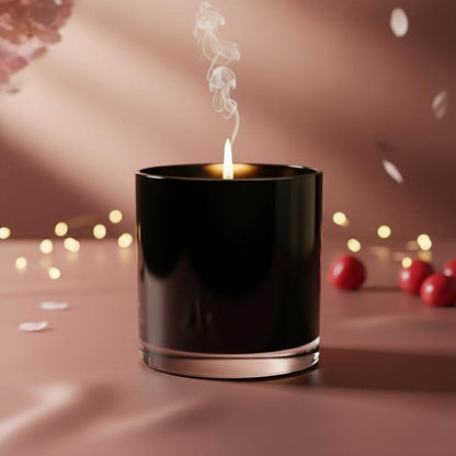 Black glass Love Spell Candle lit with smoke rising, warm romantic ambiance background