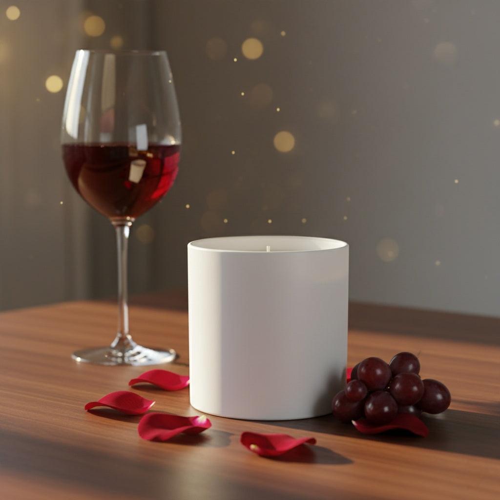 White candle with wine glass, red rose petals, and grapes on wooden table, wine & roses candle ambiance