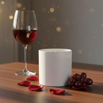 White candle with wine glass, red rose petals, and grapes on wooden table, wine & roses candle ambiance