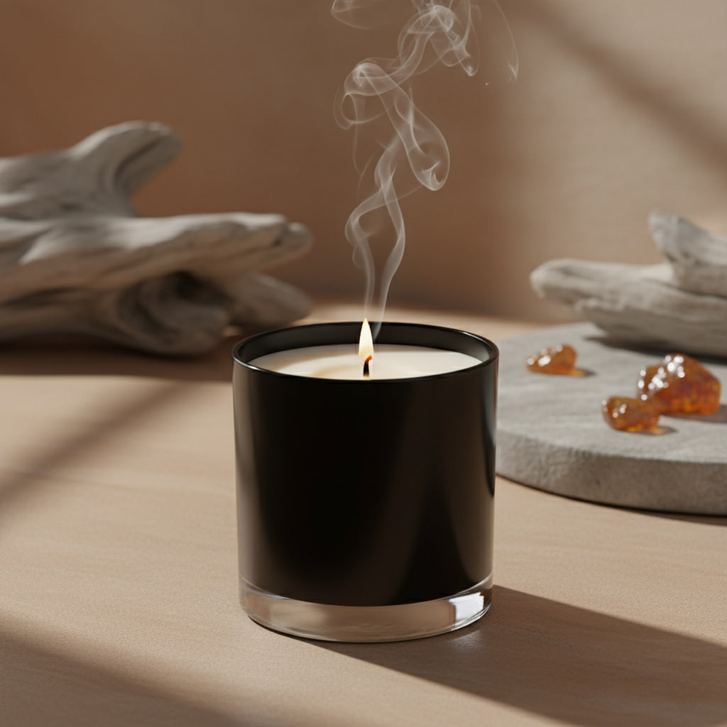 Black candle with smoke on a neutral background
