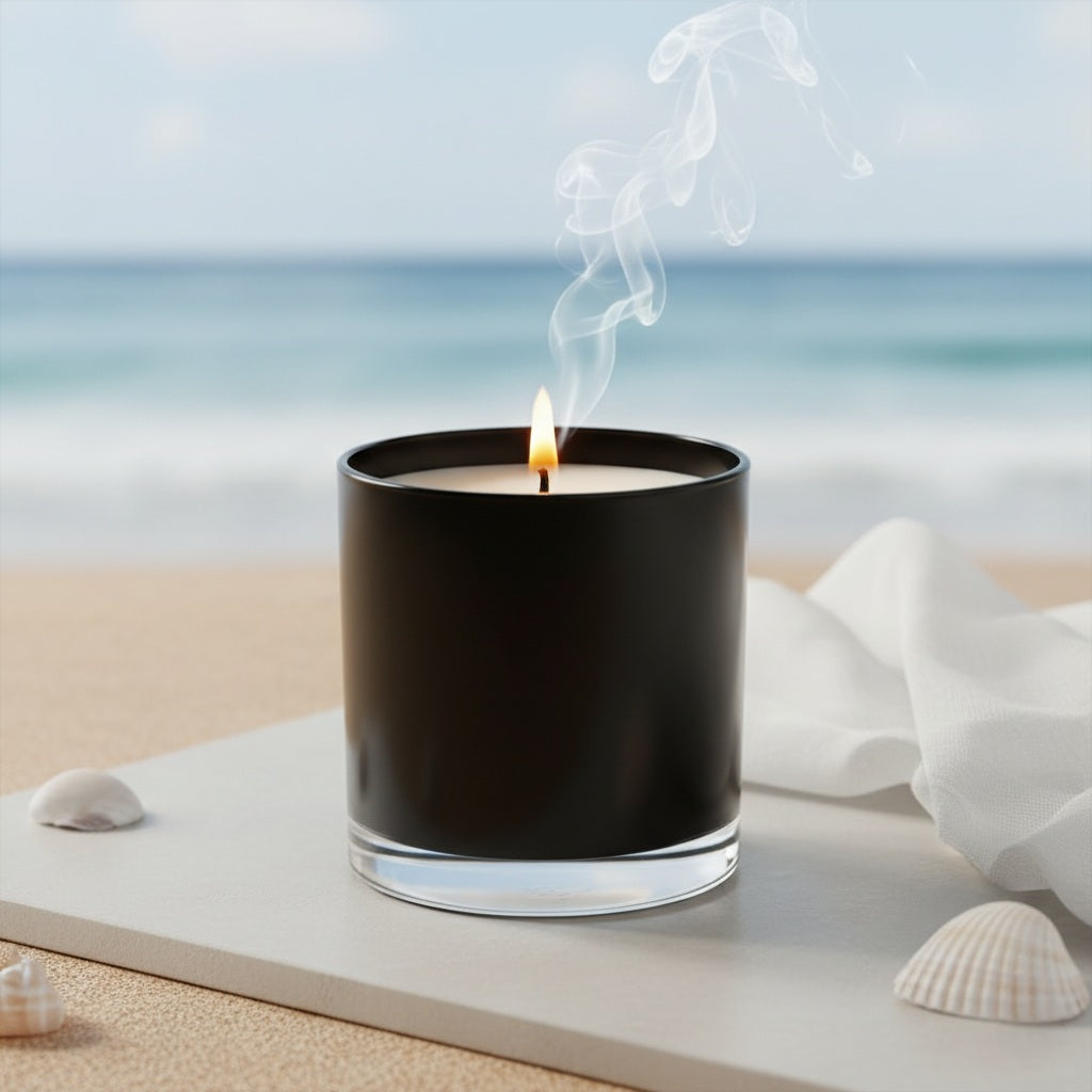 10oz Black candle with a flame on a beach setting