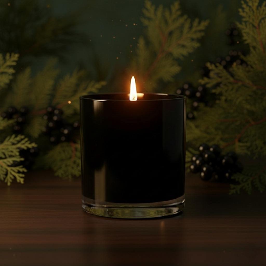 Black Cypress & Cassis candle with warm woody and fruity notes in elegant black glass