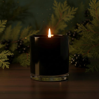 Black Cypress & Cassis candle with warm woody and fruity notes in elegant black glass
