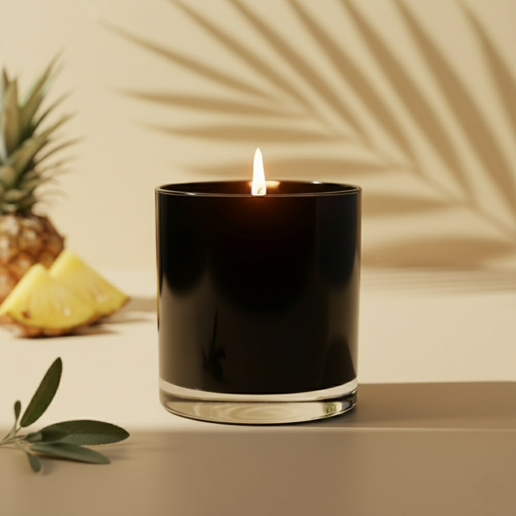 Black candle with a flame on a neutral background with a pineapple and leaves.