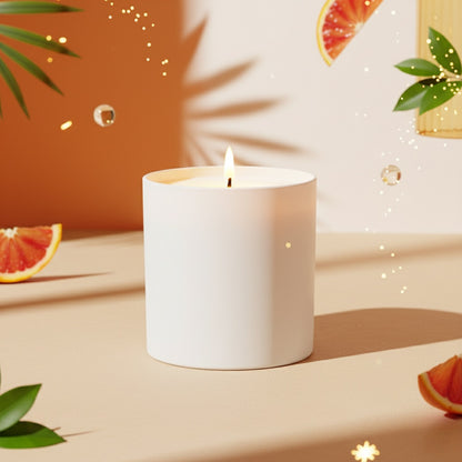 White candle with a flame, surrounded by orange slices and green leaves on a beige surface.