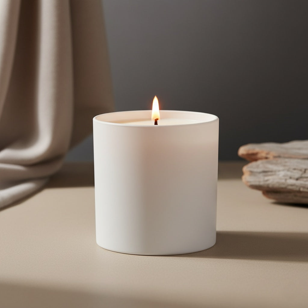 White candle in a ceramic holder with a flame, placed on a neutral surface with a soft background.