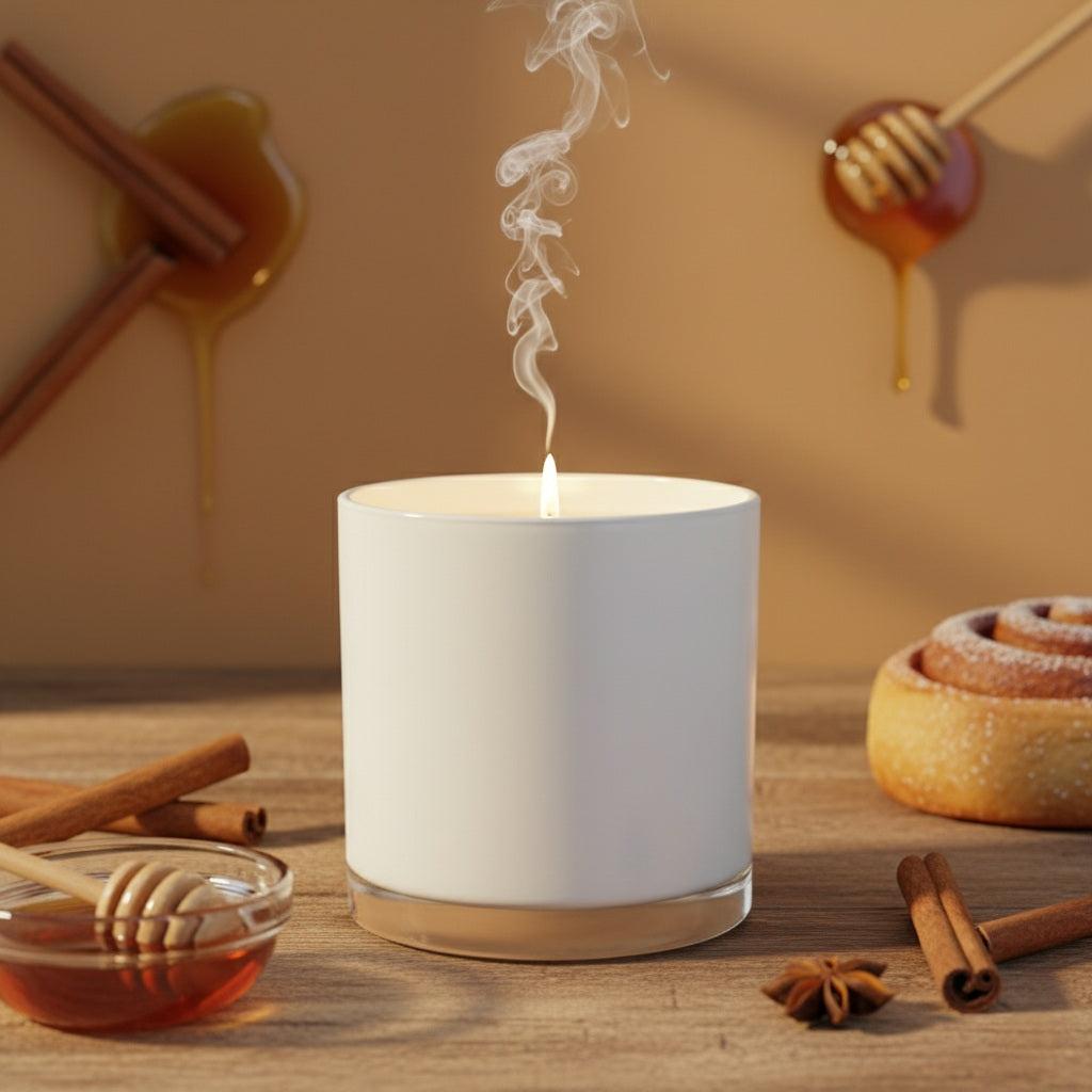 White cinnamon buns candle burning with cinnamon sticks, honey dipper, honey, and a cinnamon bun on wooden surface in warm light