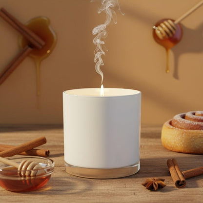 White cinnamon buns candle burning with cinnamon sticks, honey dipper, honey, and a cinnamon bun on wooden surface in warm light