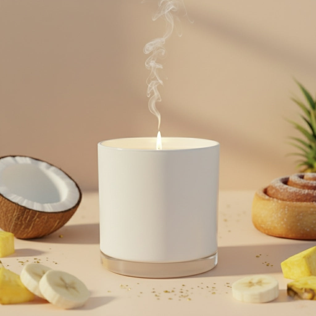 White candle with smoke, coconut, banana, and pineapple on a beige background
