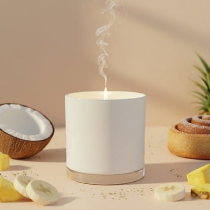 White candle with smoke, coconut, banana, and pineapple on a beige background