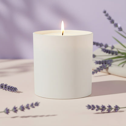 White candle with a lit wick on a surface with lavender flowers, against a blurred purple background.