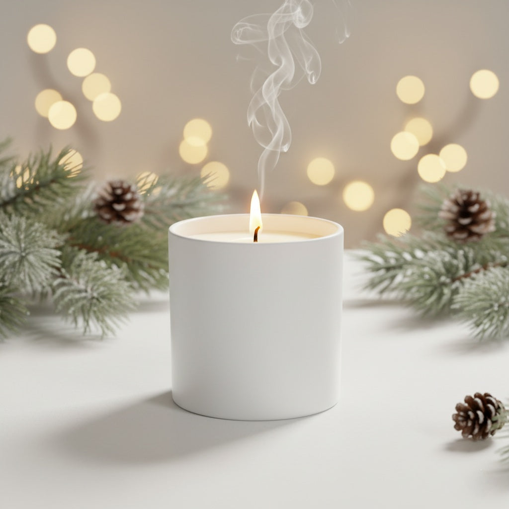White candle with a flame surrounded by pine branches and pinecones on a light background