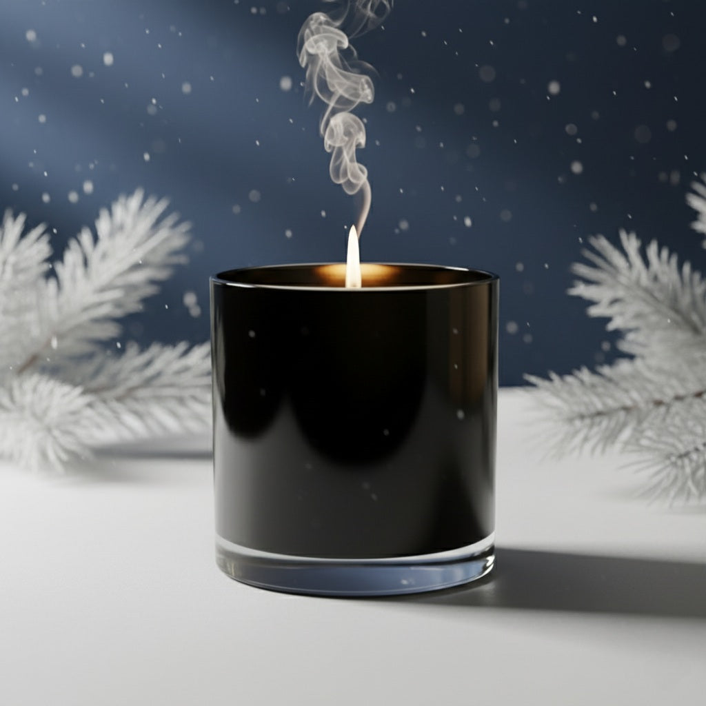 Black candle with smoke against a snowy background