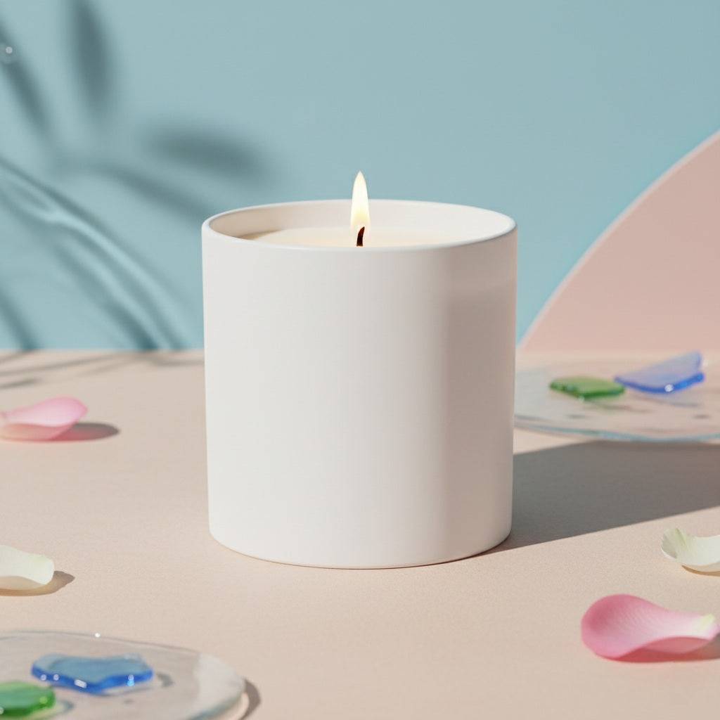 10oz Wellscentd Ocean Rose Candle in a matte white glass jar.