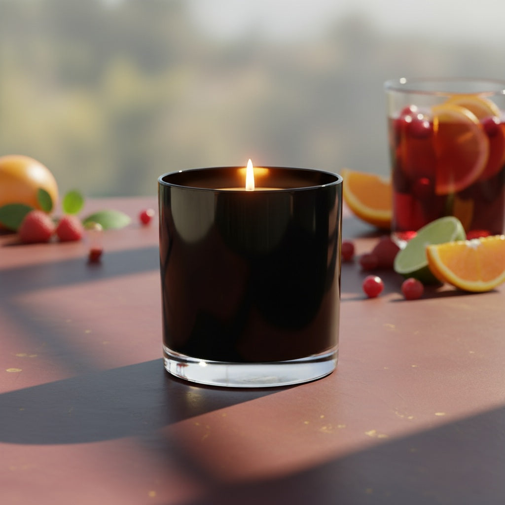 10 oz Black candle with a lit wick on a table with fruits and a glass container in the background.