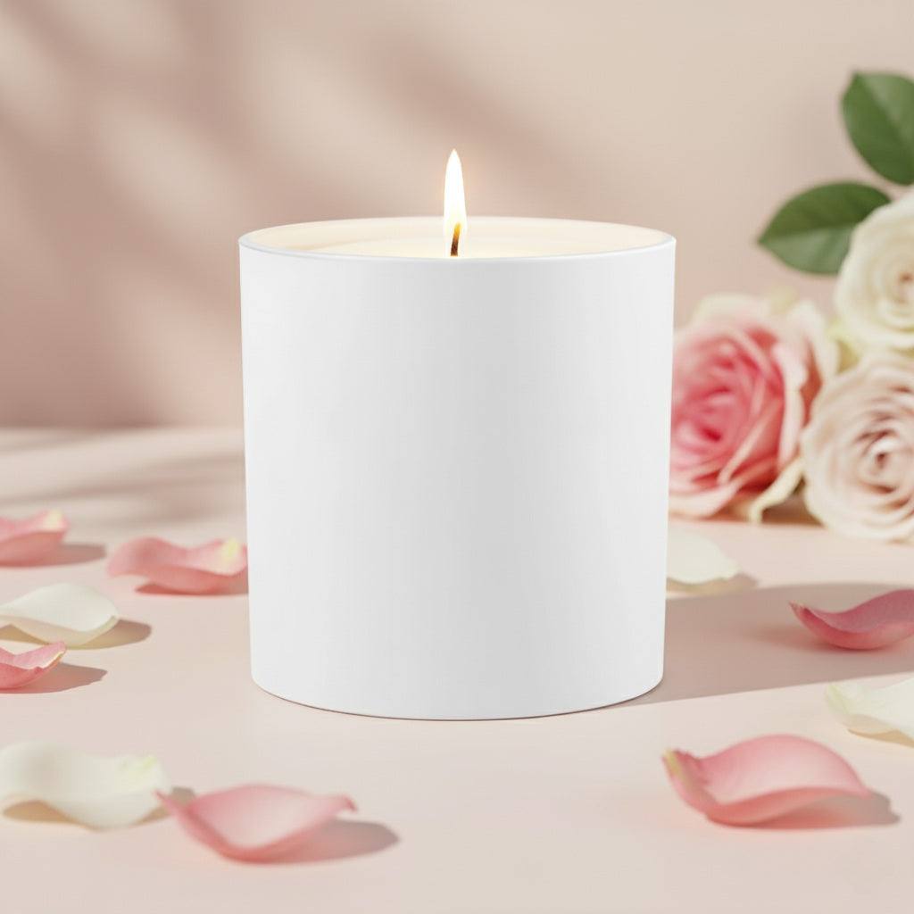 White candle with a lit wick on a surface with pink petals and roses.