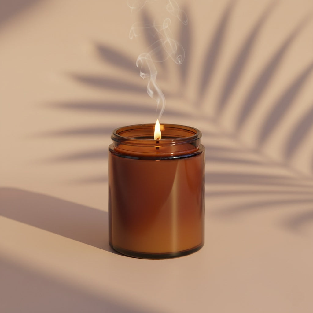 Brown glass candle with a lit wick on a beige background