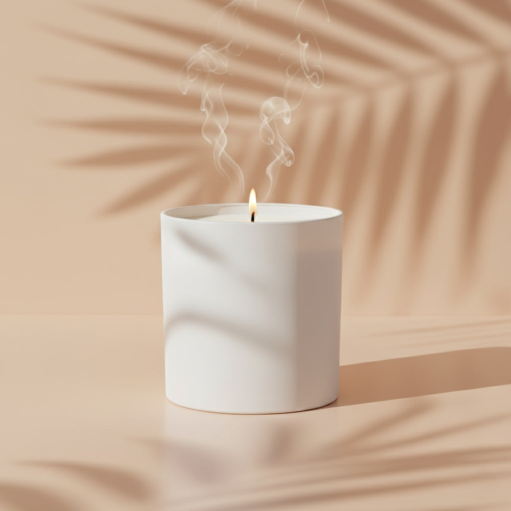 White candle with smoke against a beige background
