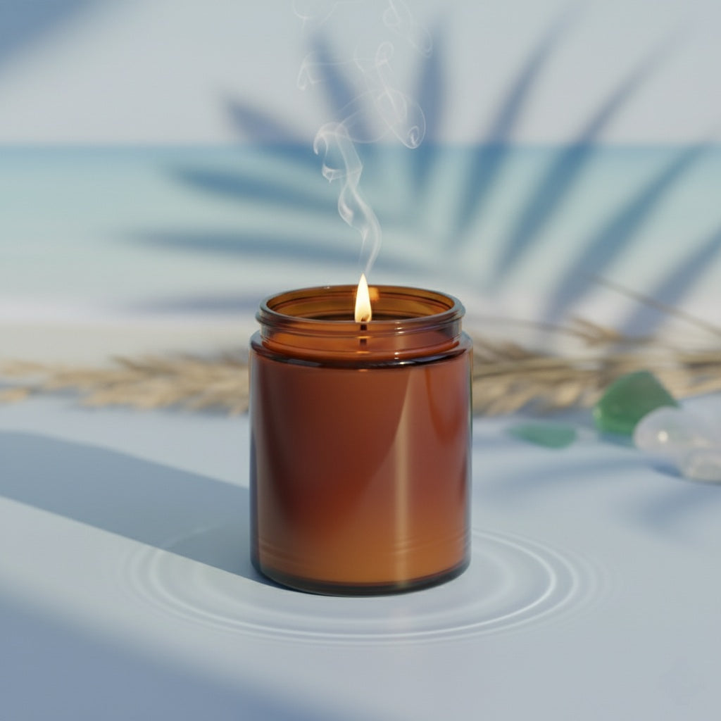 Amber glass candle with a lit wick on a light surface with a blurred natural background