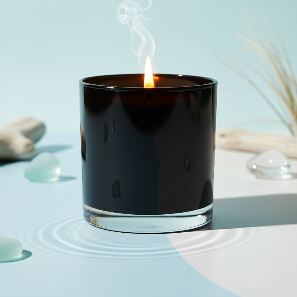 Black candle with a lit wick on a light blue surface with pebbles and plants.
