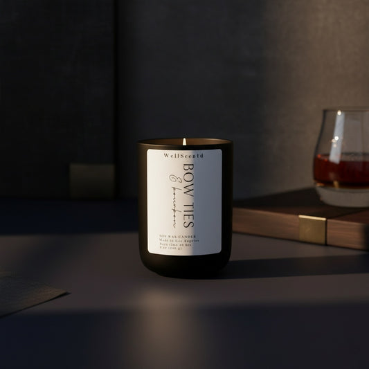 Candle with a label on a dark surface, with a glass of red wine in the background.