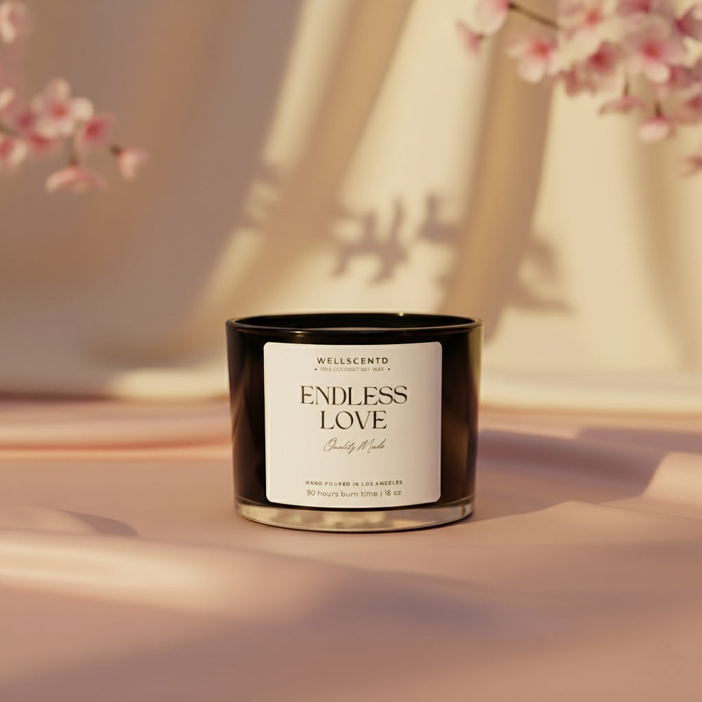 Wellscendo candle labeled 'Endless Love' on a surface with soft lighting and floral background