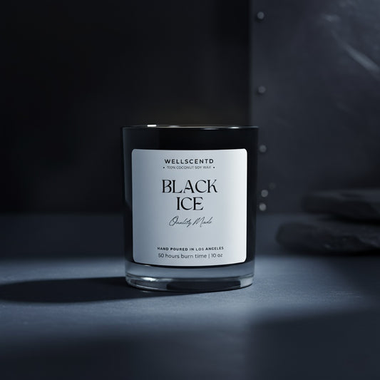 Wellscented Black Ice candle on a dark background