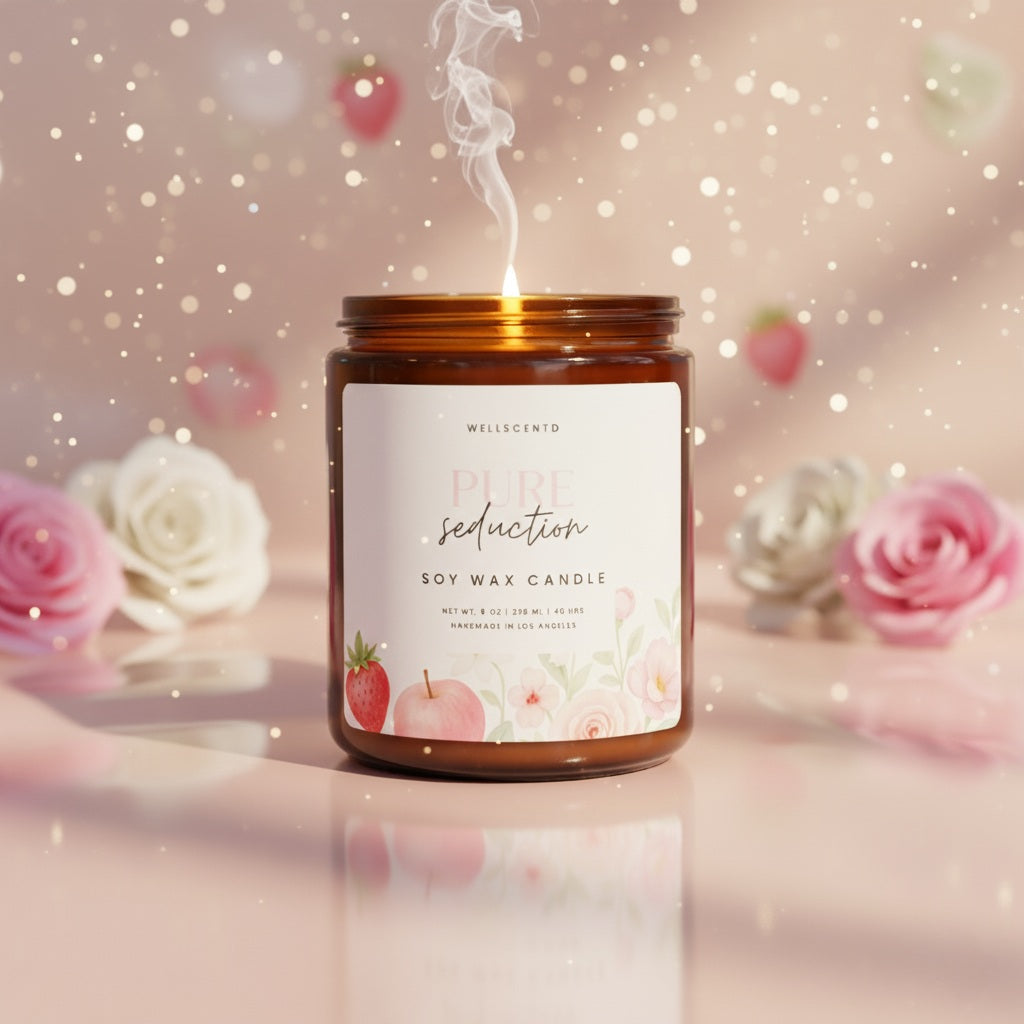 Scented candle with a decorative label in front of flowers on a soft background