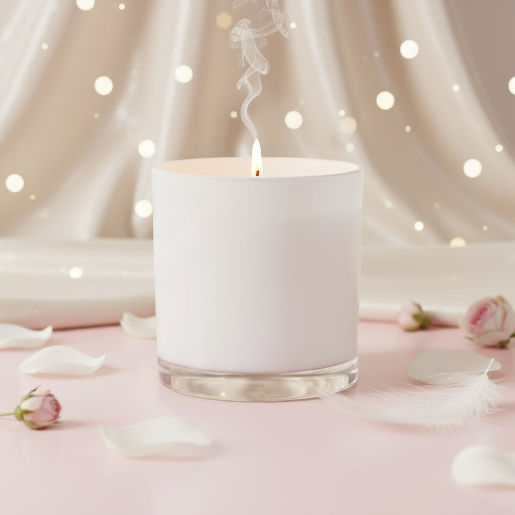 White candle with a lit wick on a pink surface with flowers and soft lighting