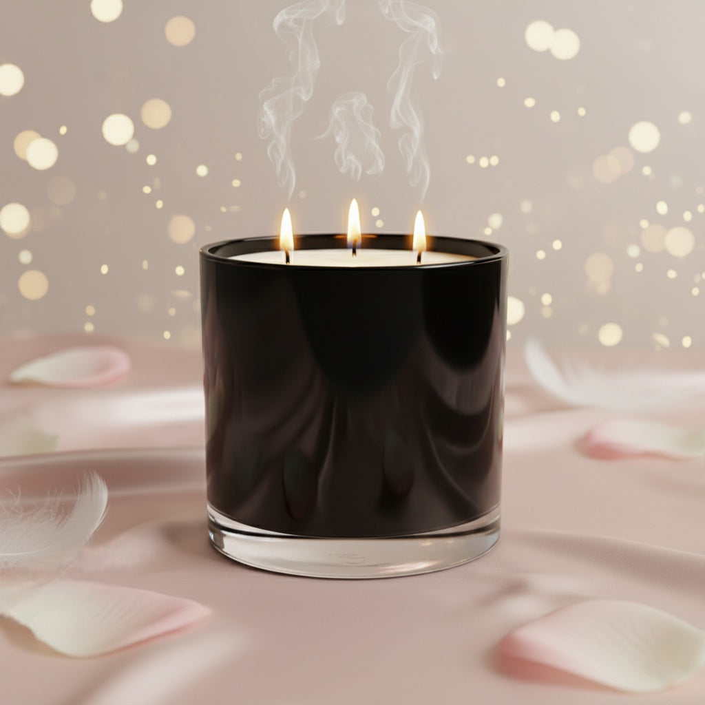 Black candle with three flames on a soft pink background with blurred lights