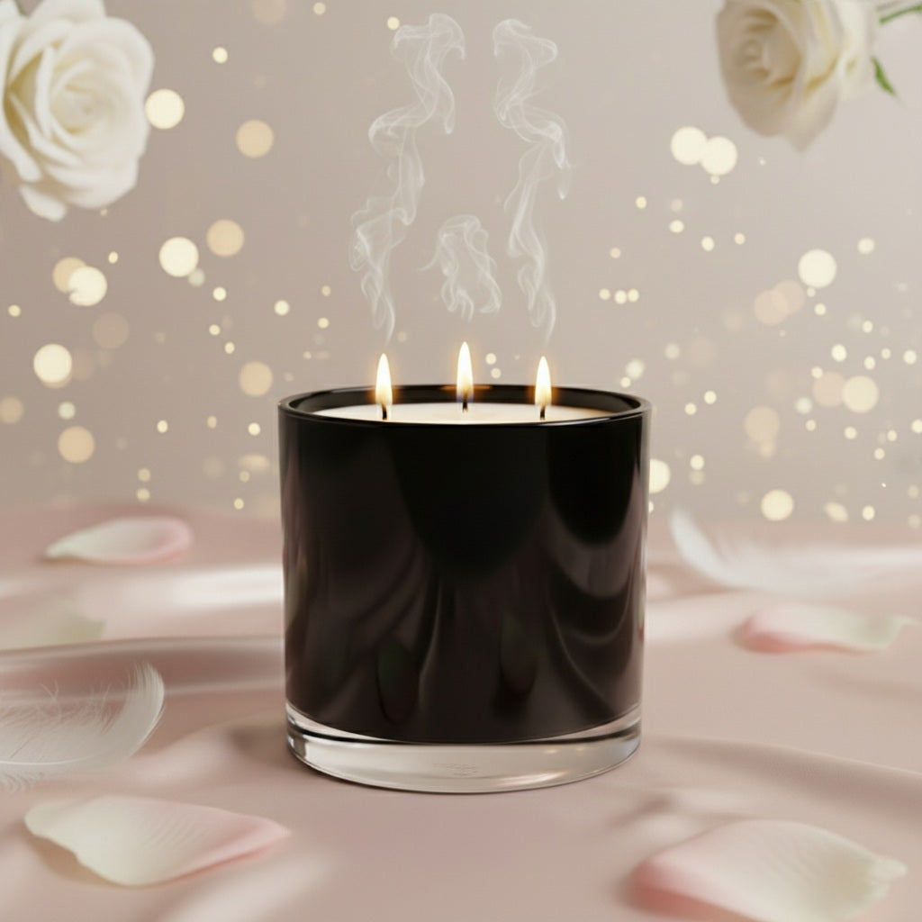 Black candle with two flames on a soft pink background with white roses and petals.